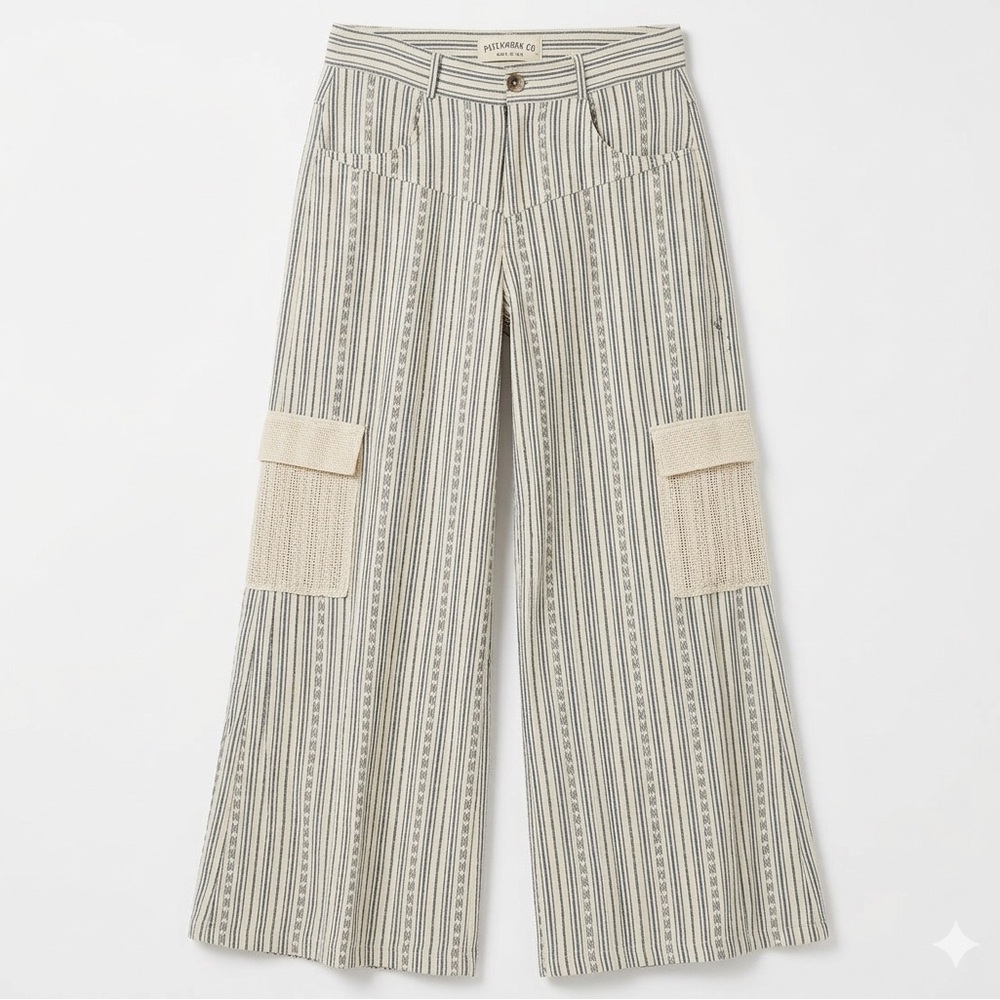 POL Striped Wide Leg Cargo Pants with Woven Patch Pockets - Boho Brand New Small